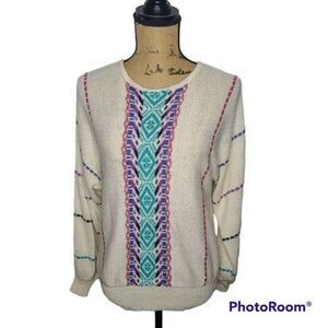 Vintage Oatmeal Cream Loose Knit Slouchy Pastel Southwestern Boho Sweater